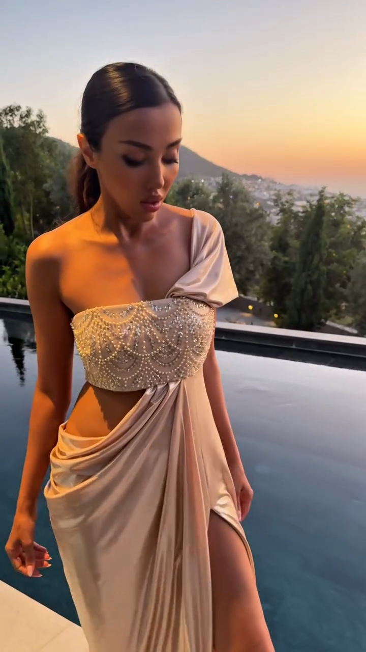Beige One - Shoulder Embellished Gown