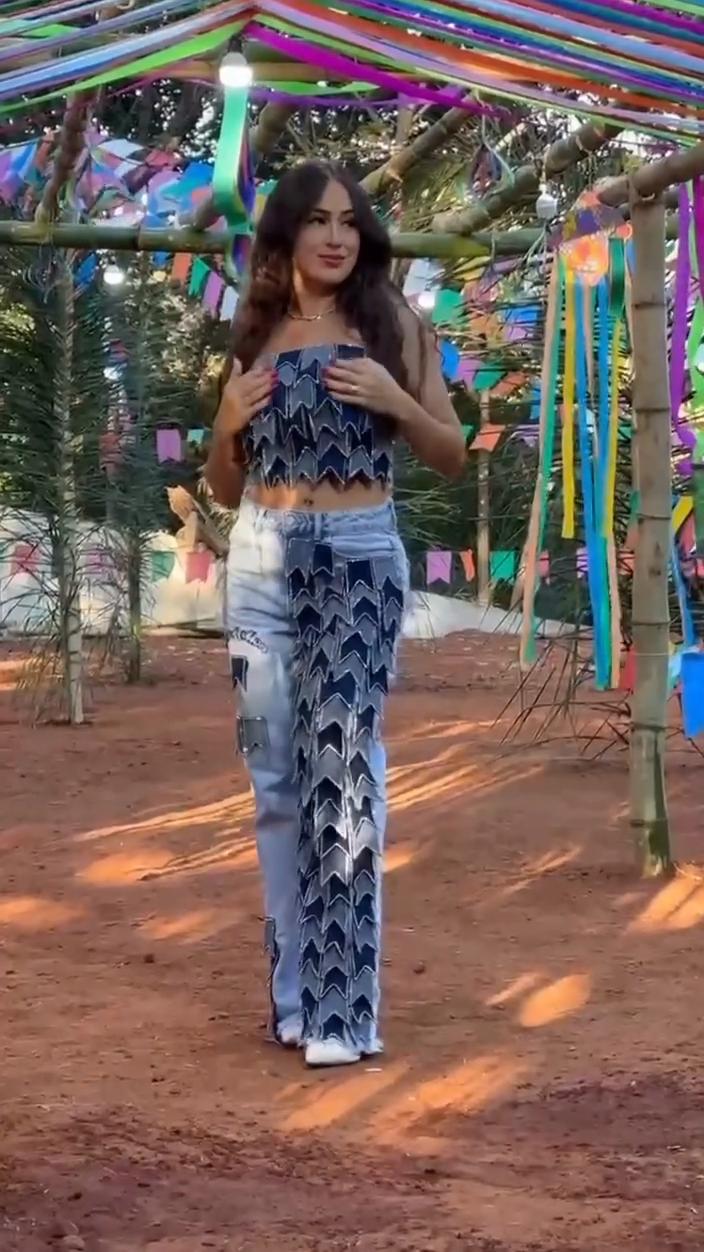 Denim Off-Shoulder Cropped Top and Wide-Leg Pants Set