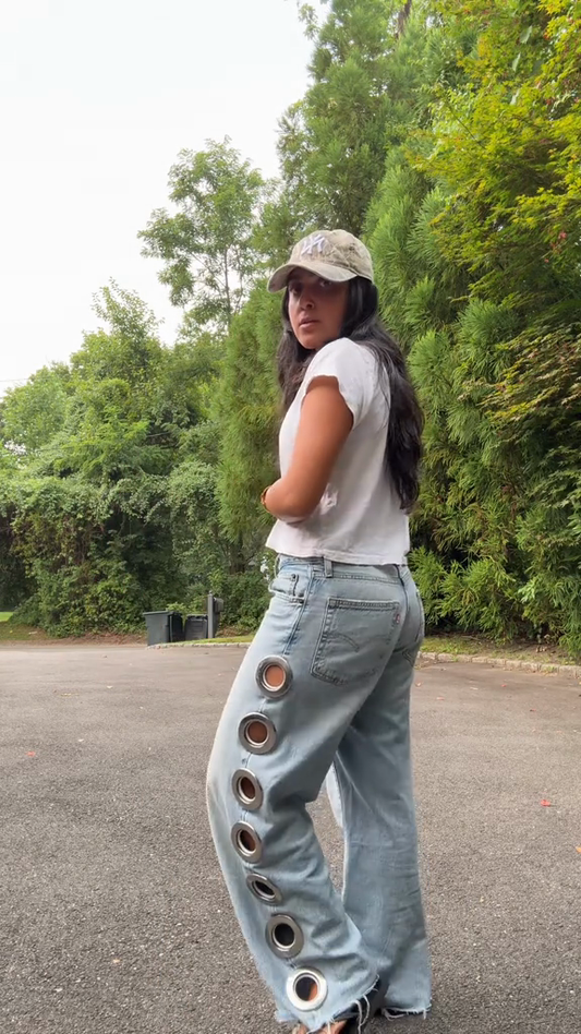 Light - Wash Denim Jeans with Circular Cutouts