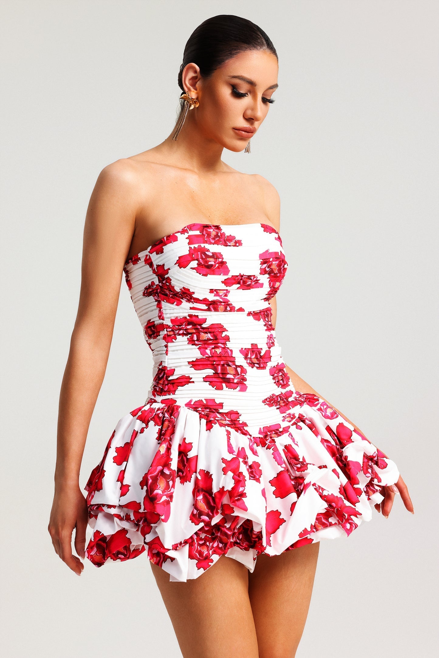 White Strapless Floral - Print Mini Dress