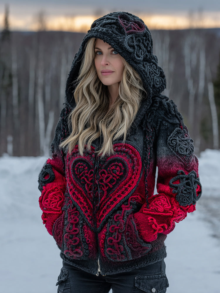 Women's Vintage Heart Art Cozy Knit Zip Up Hooded Sweater