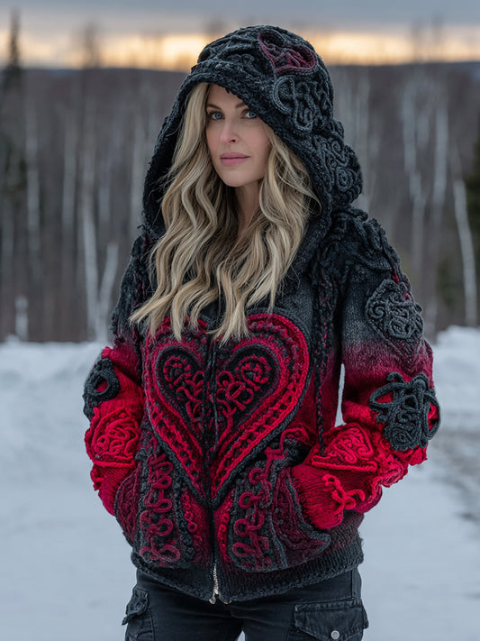 Women's Vintage Heart Art Cozy Knit Zip Up Hooded Sweater