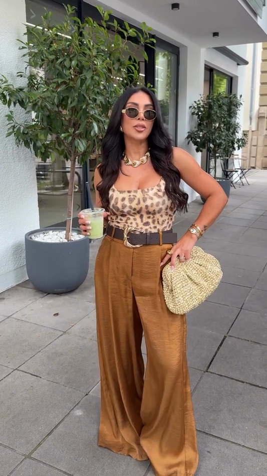 Leopard Print Crop Top & High - Waisted Wide - Leg Pants Set