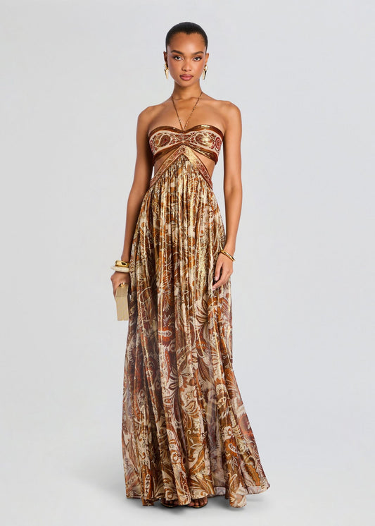 Printed Strapless Cut - Out Maxi Dress