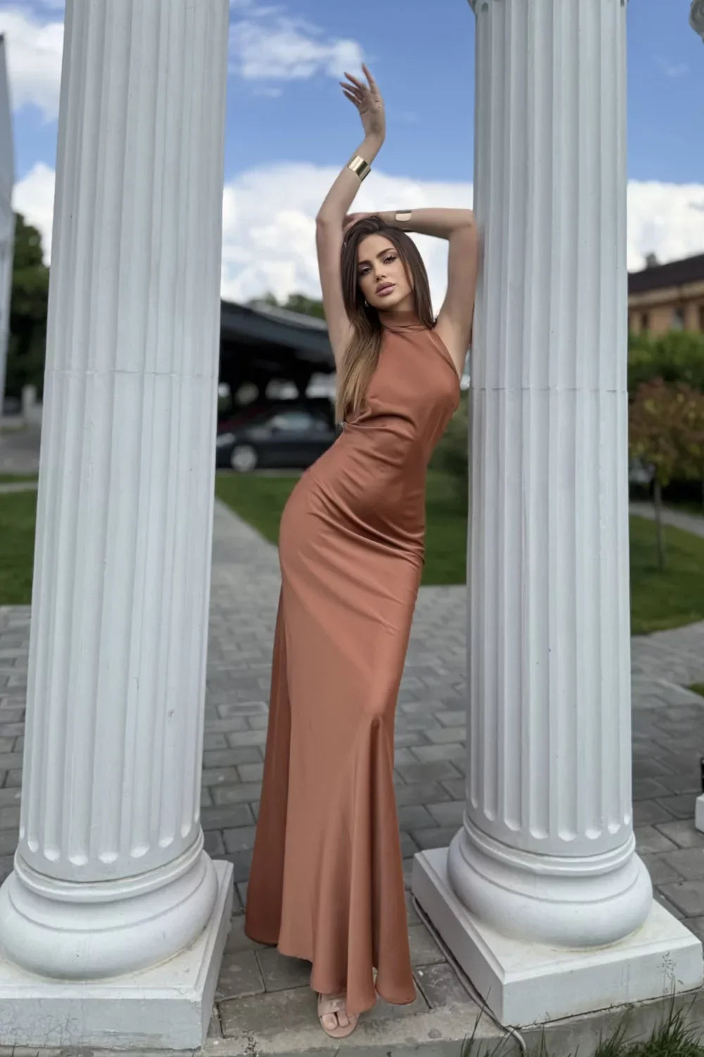 Brown Halter Neckline Maxi Dress