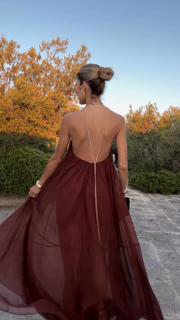 Burgundy Halter V - neck Chiffon Maxi Dress