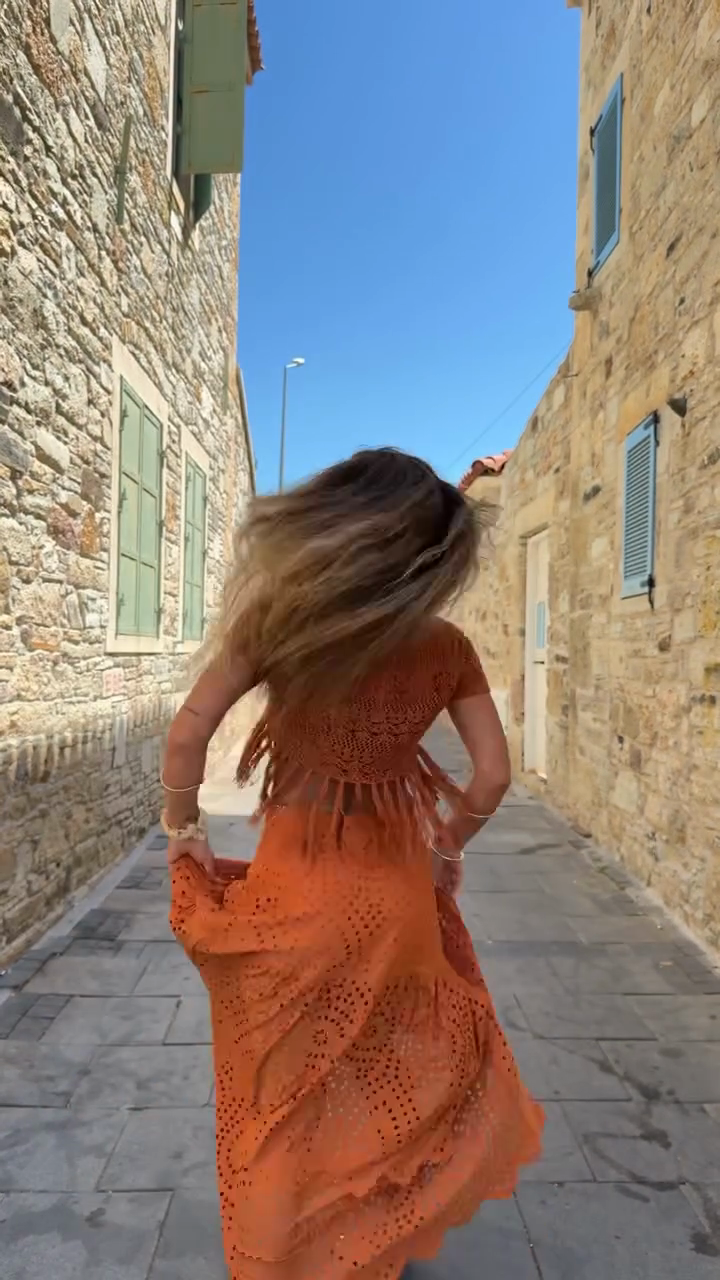 Orange Crochet Fringe Top & Eyelet Skirt Set