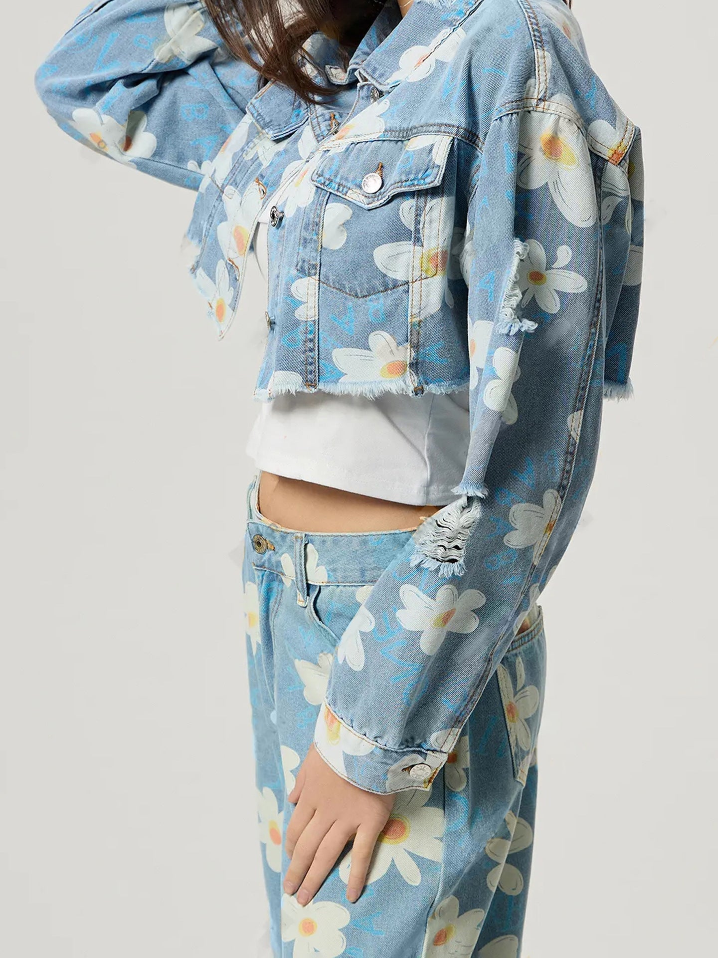 Daisy - Printed Cropped Denim Jacket & Jeans Set