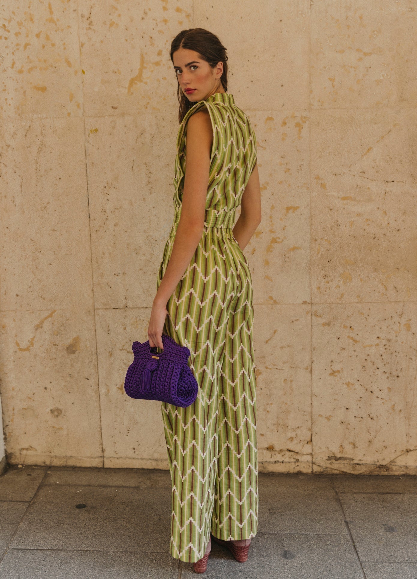 Green Striped Sleeveless Top and Wide - leg Pants Set