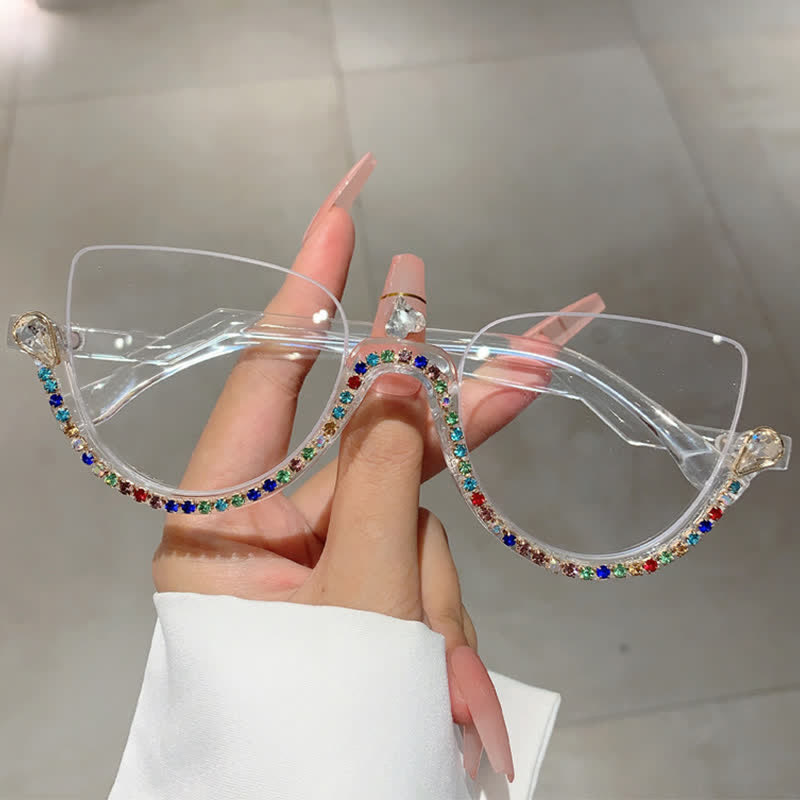 Spykay™ EG26687 Cat-Eye Frame Rhinestone Decor Semi-Rimless Glasses