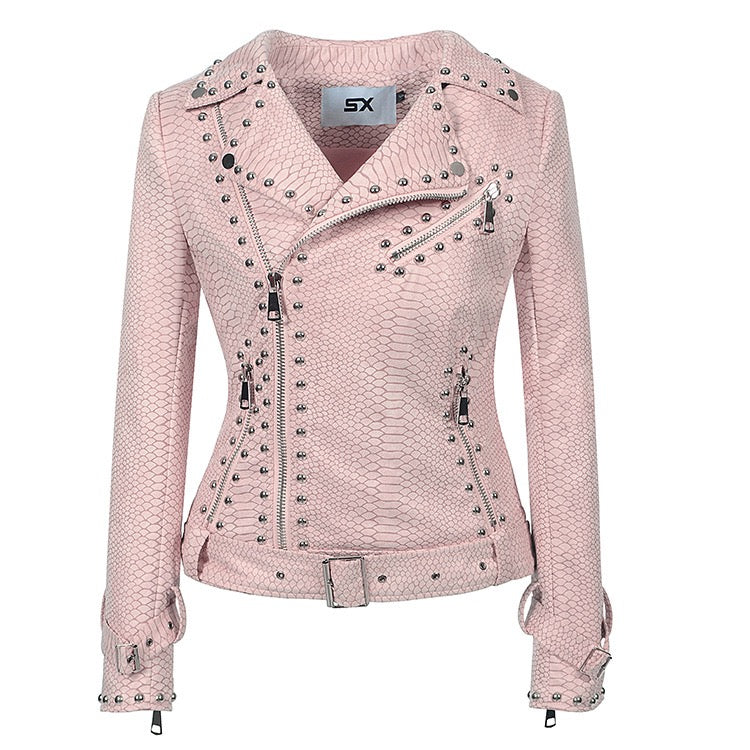 Women's Lapel Zipper Leather Jacket with Punk Studs