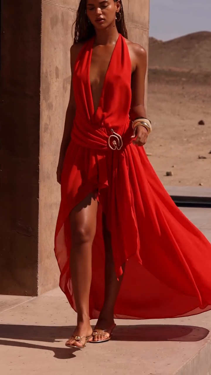 Red Halter Neck Asymmetrical Maxi Dress