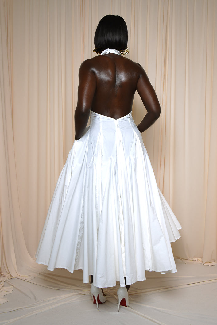 White Halter - neck Pleated Maxi Dress