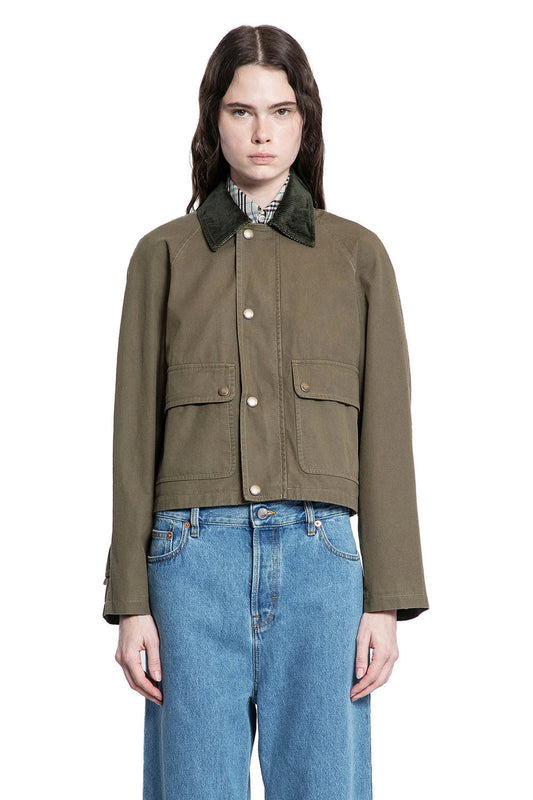 Olive Green Cropped Jacket with Corduroy Collar