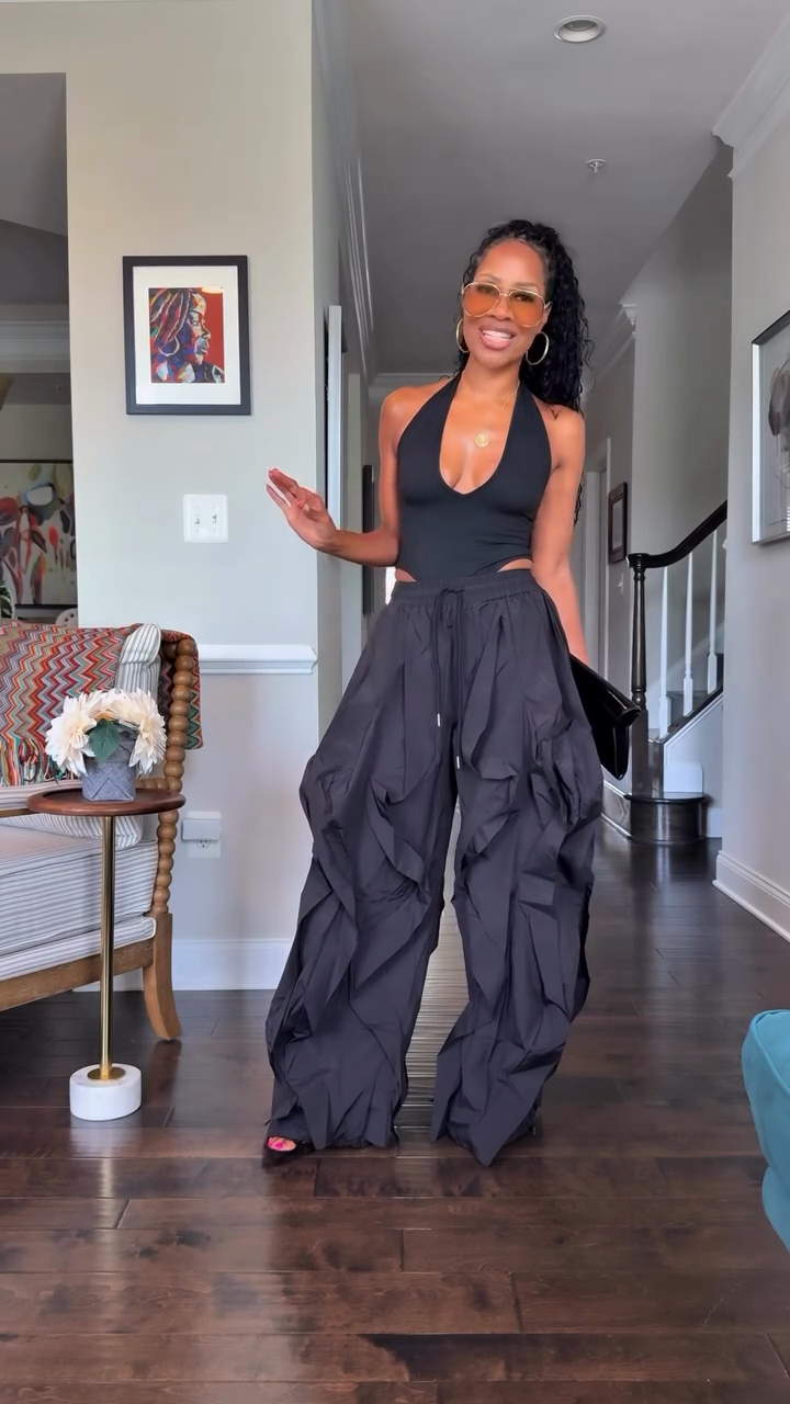 Oversized Black Ruffled Wide - leg Pants