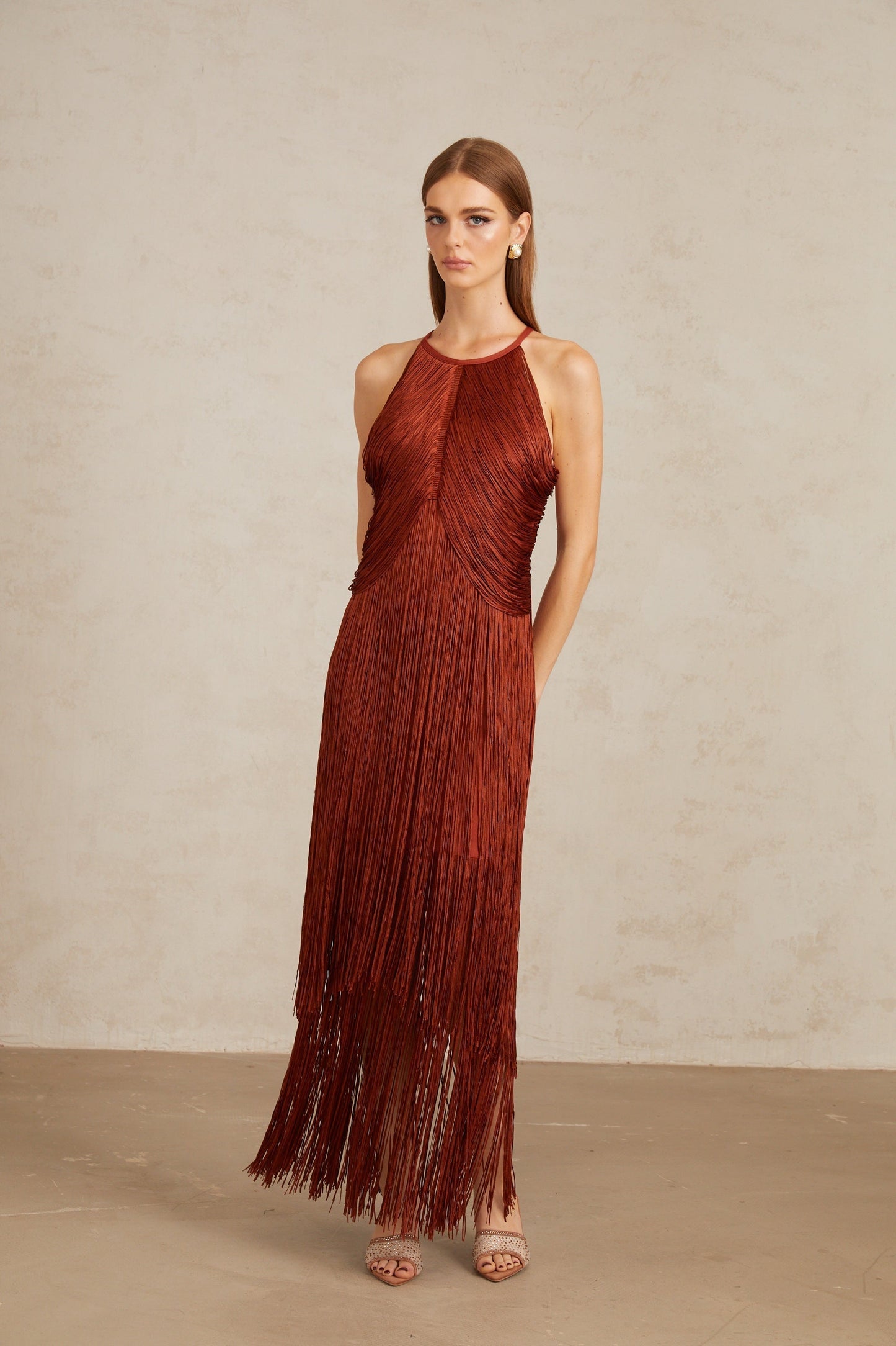 Reddish - Brown Halter Fringe Maxi Dress