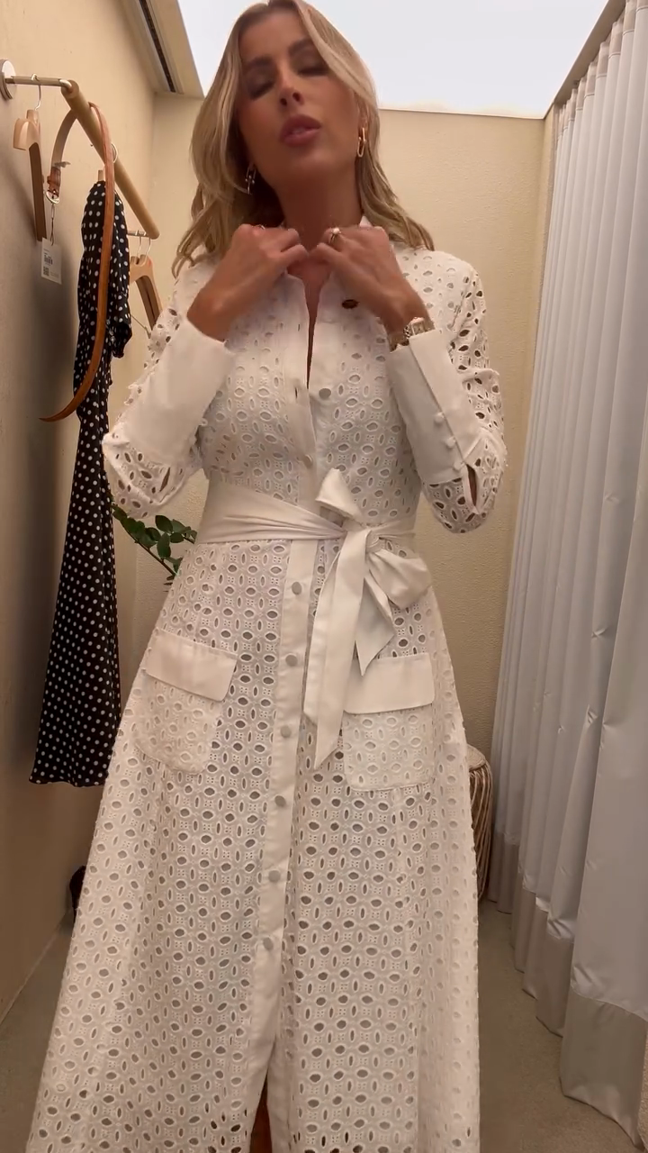 White Eyelet Embroidered Shirt Dress