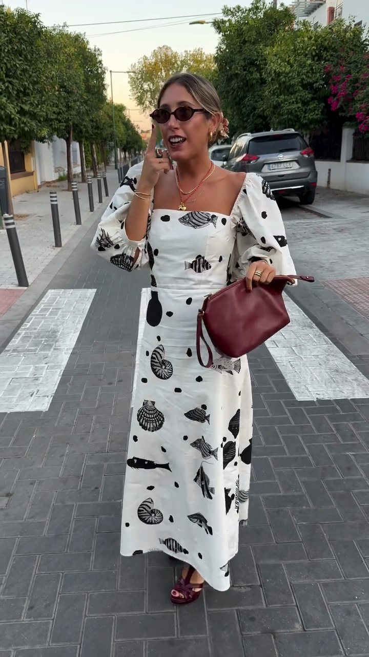 White Midi Dress with Black Marine - themed Print