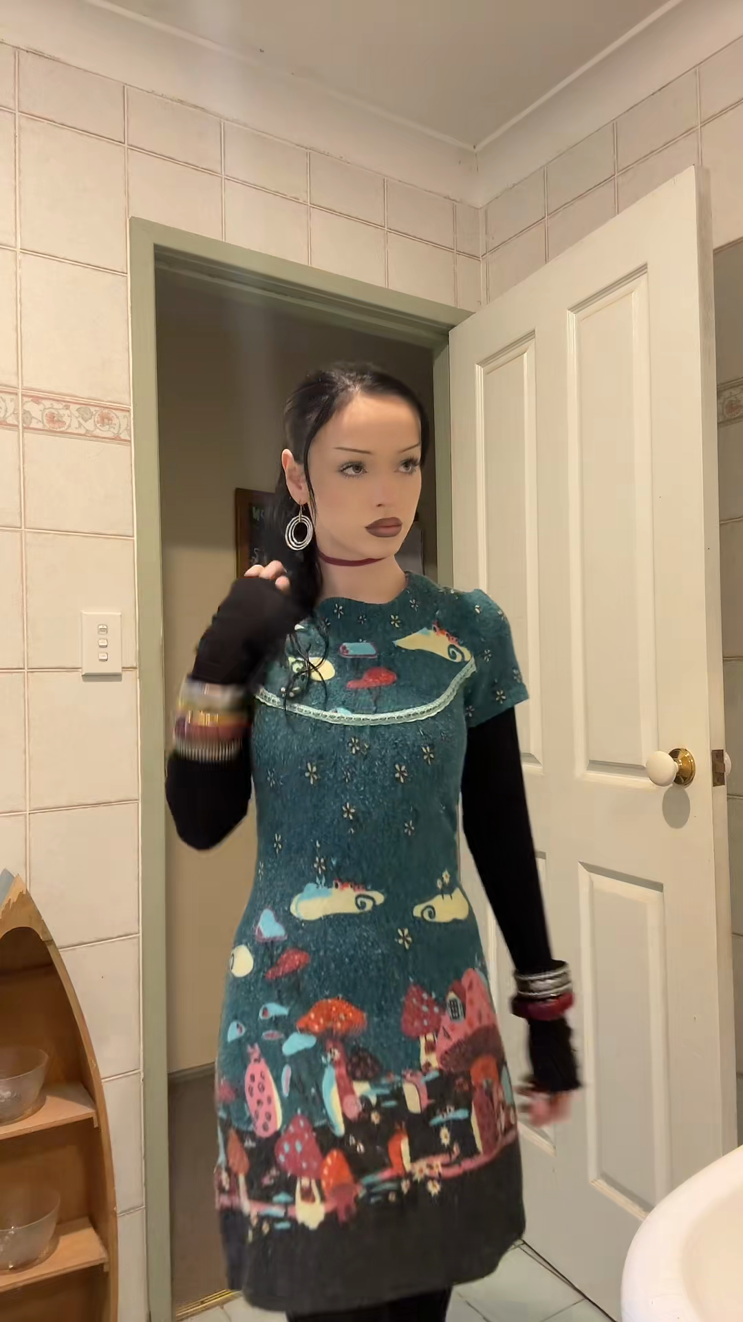 Teal Printed Knit Dress with Layered Styling