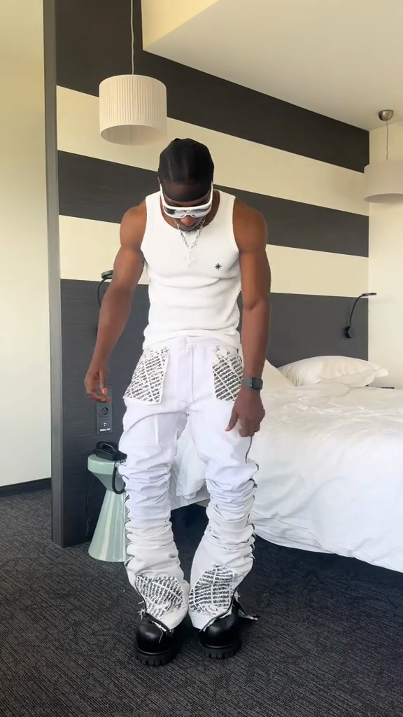 White Flared Pants with Cut - Out and Striped Detail