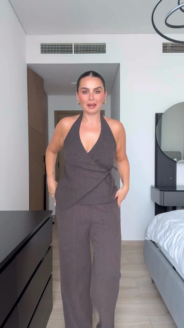 Brown Halter Top and Wide - Leg Pant Set
