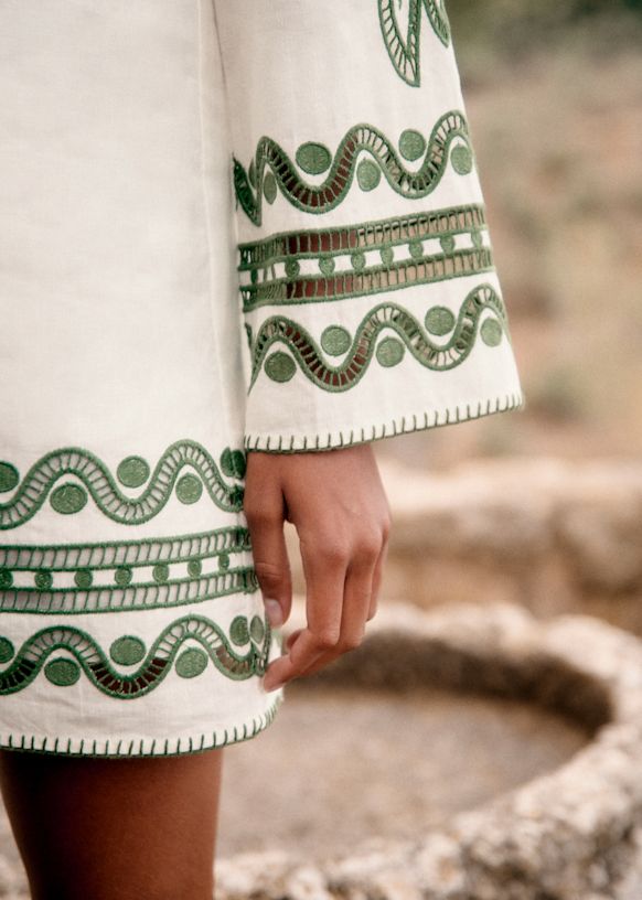 White Embroidered Short Dress with Green Detailing