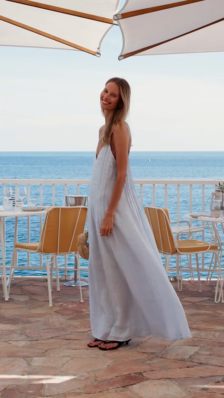 Light Blue Striped Spaghetti - Strap Maxi Dress