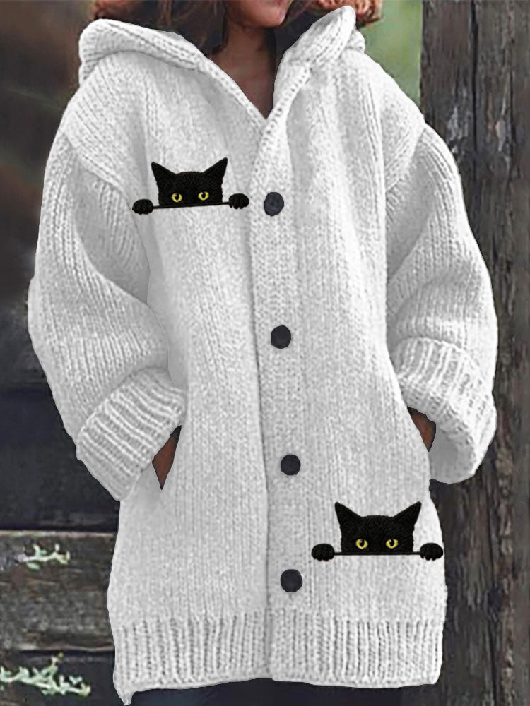 Women's Casual Funny Black Cat Print Hood Sweater