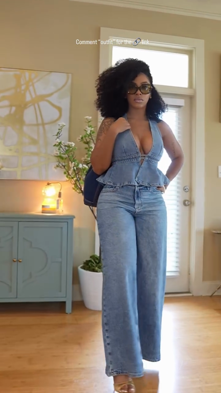 Denim Halterneck Ruffle Top and Wide-Leg Jeans Set