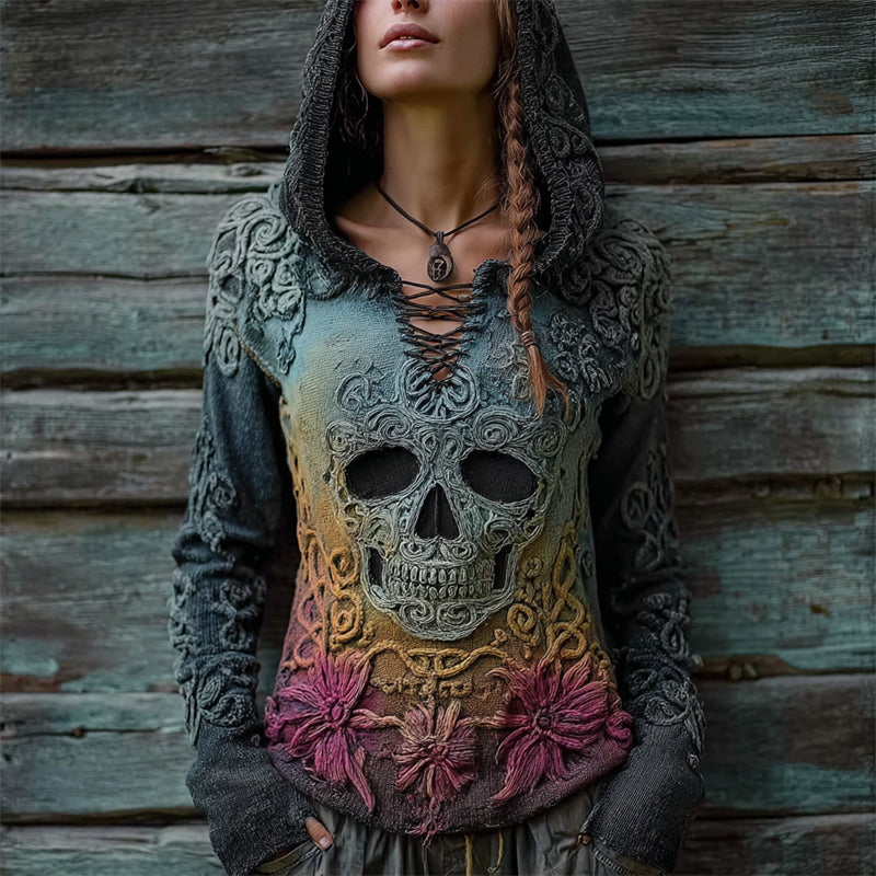 Vintage Skull Floral Gradient Celtic Knit Hooded Sweater