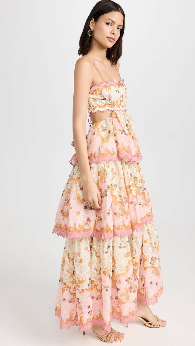 Pink and Cream Floral Print Tiered Maxi Dress