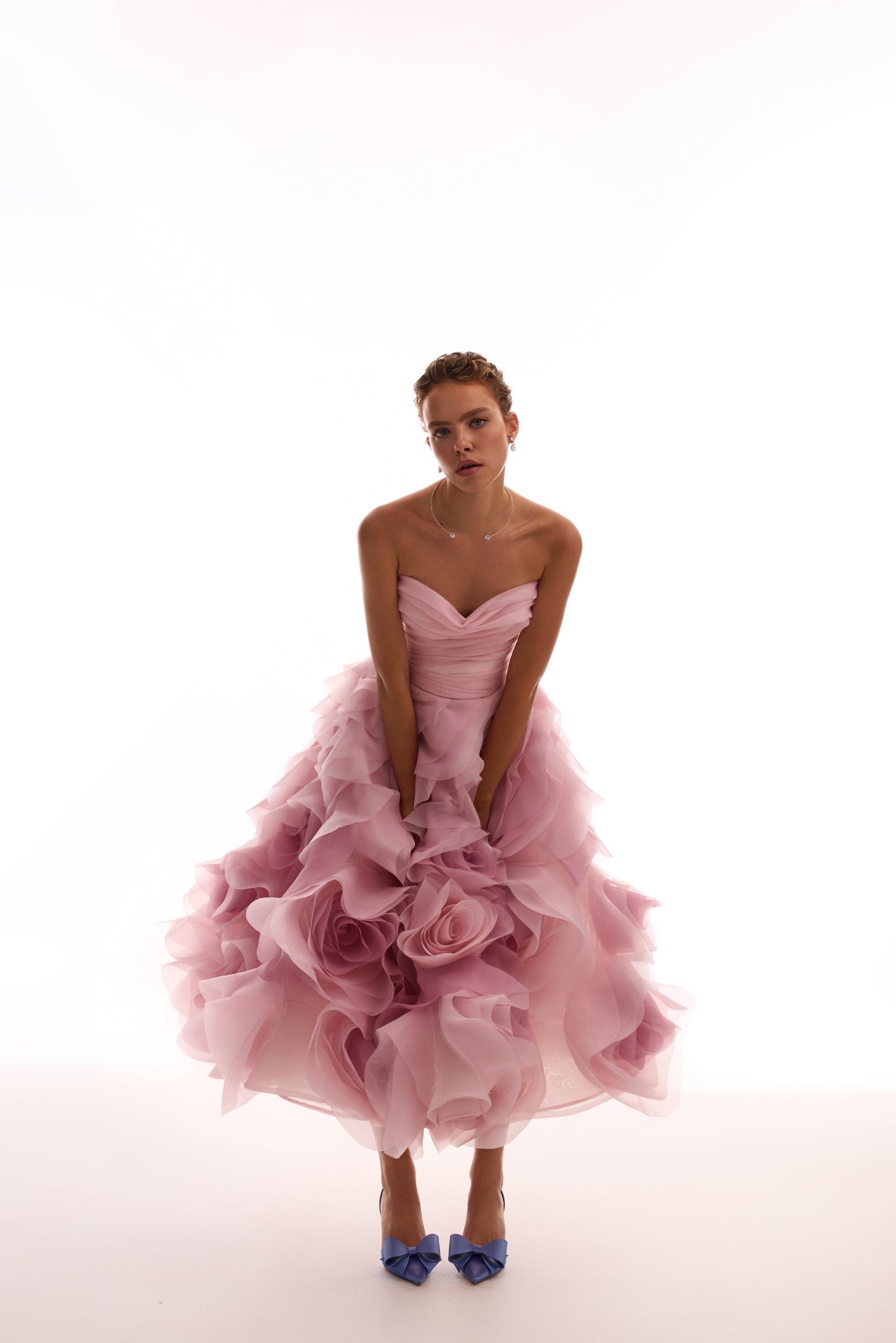 Blush Pink Strapless Ruffled Organza Midi Dress