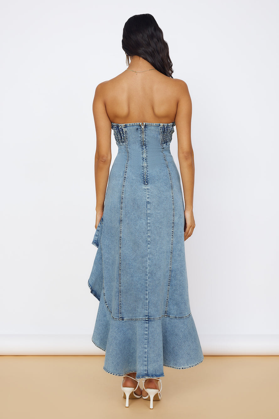 Light Blue Denim Strapless Midi Dress