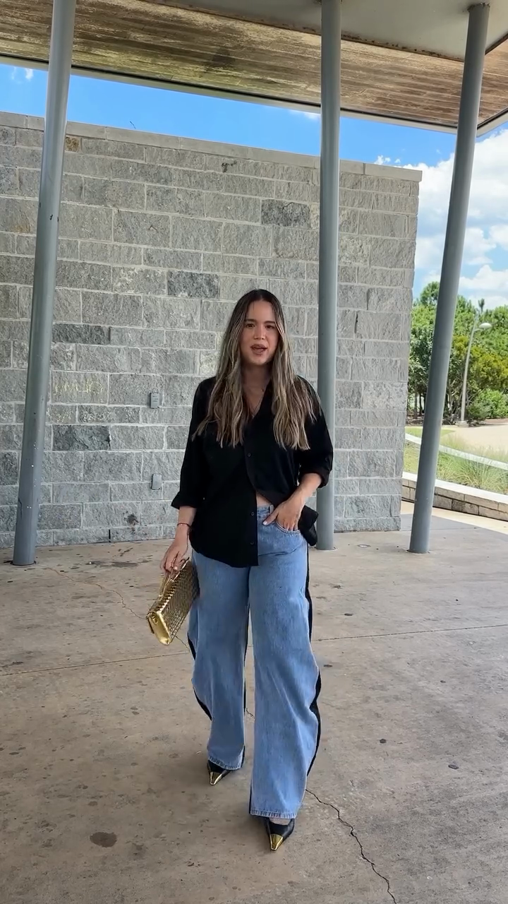 Black Oversized Shirt & Contrast - Trimmed Wide - Leg Jeans Set