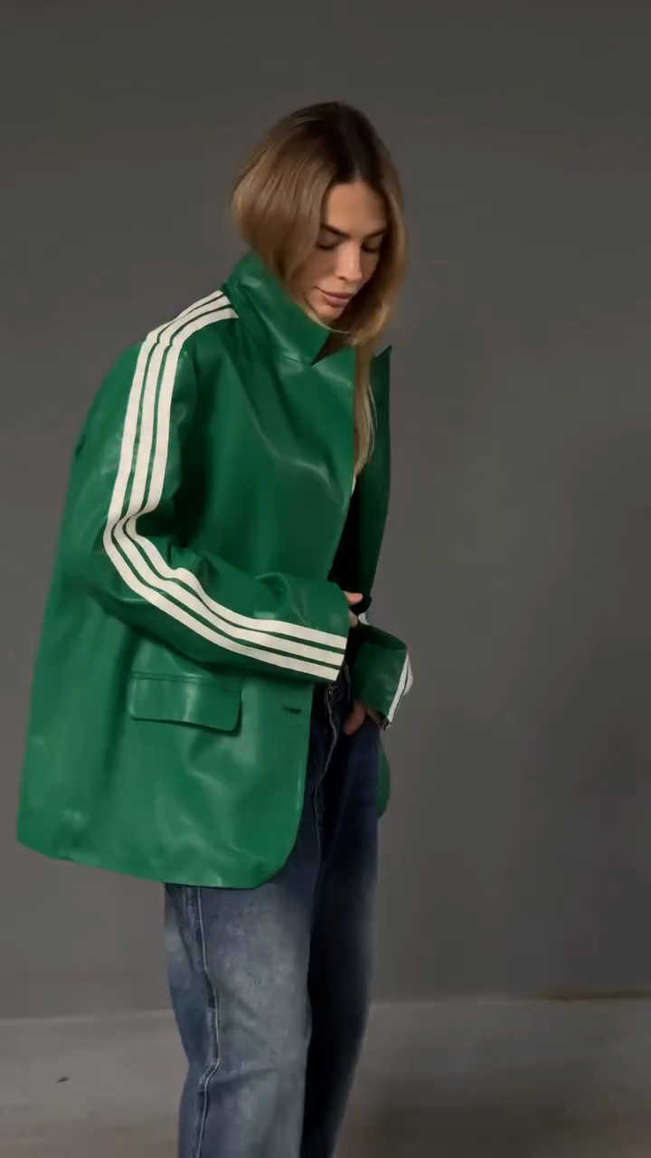 Green Faux Leather Jacket with White Striped Sleeves