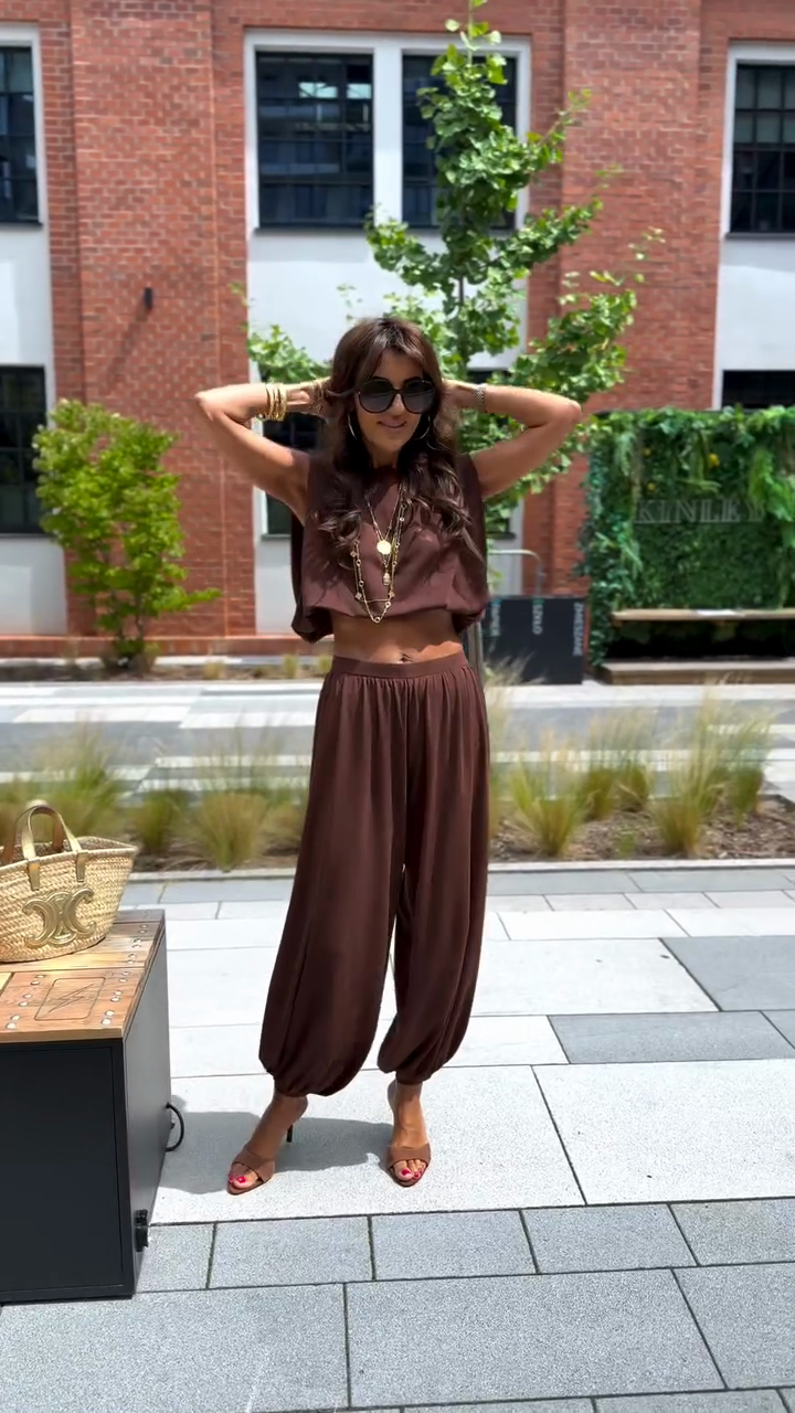Brown Crop Top and Harem Pants Set