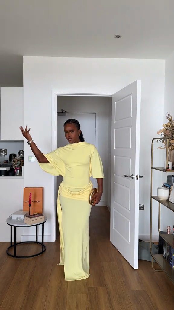 Yellow Draped Maxi Dress with Side Slit