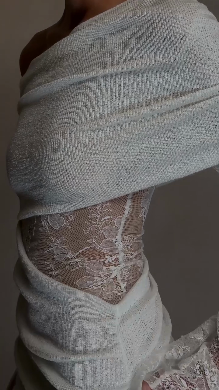 Mint Green One - Shoulder Mini Dress with Lace Sleeves