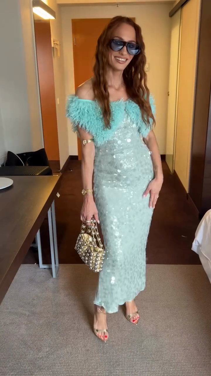 Turquoise Sequin Off - the - Shoulder Dress