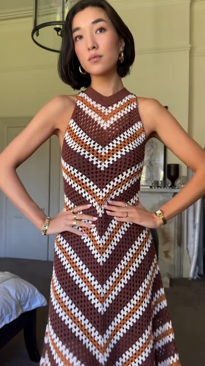 Brown and White Crochet Sleeveless Fringe Midi Dress