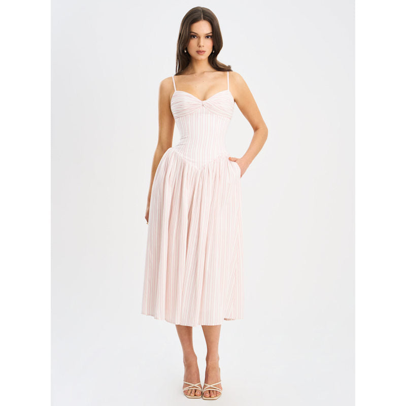 Pink Striped Sweetheart Neck Spaghetti Strap Midi Dress