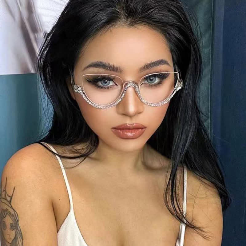 Spykay™ EG26687 Cat-Eye Frame Rhinestone Decor Semi-Rimless Glasses