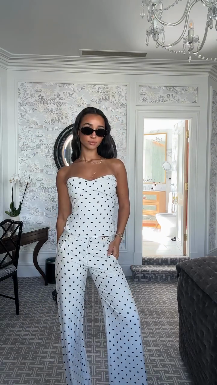White and Black Polka Dot Strapless Top and Wide - leg Pants Set