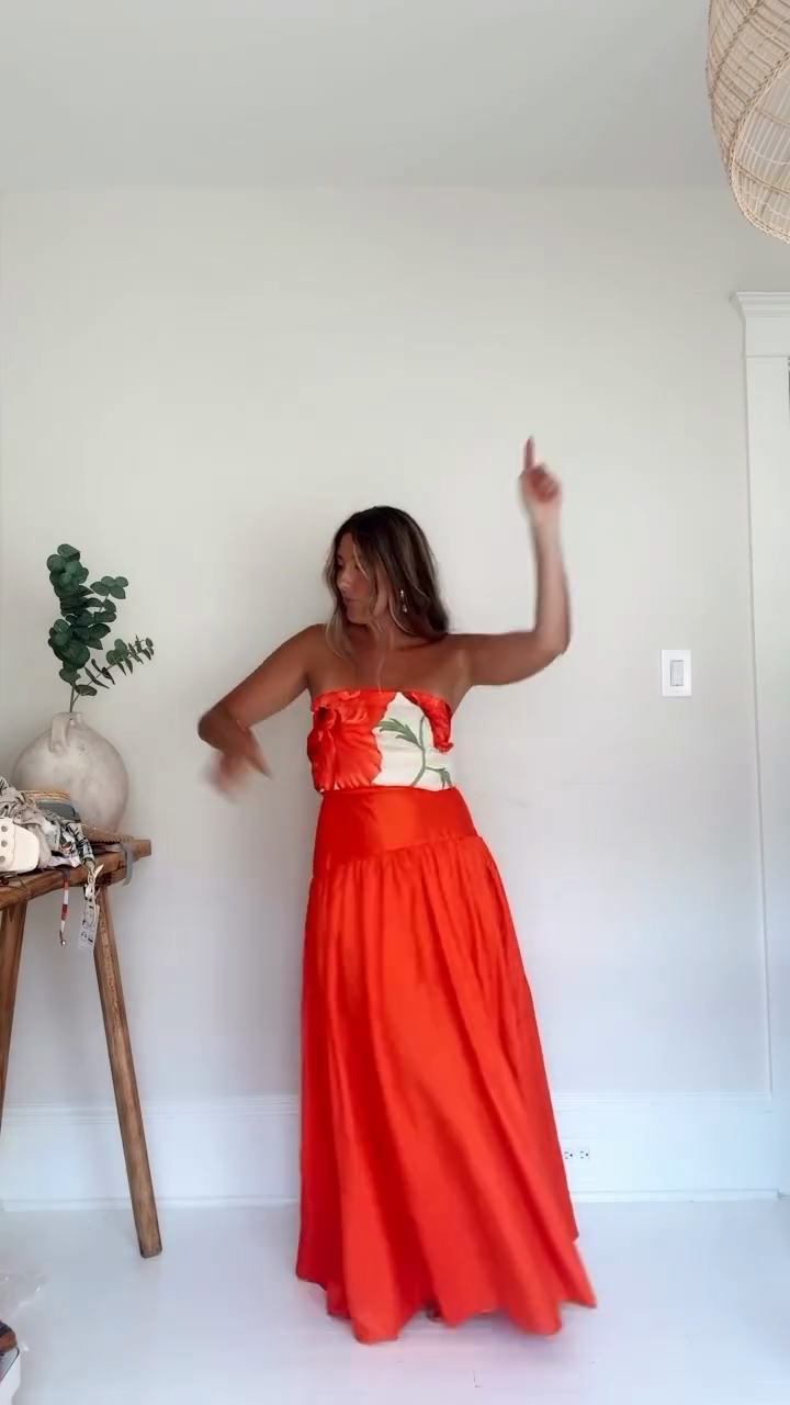 Red Floral Print Strapless Maxi Dress