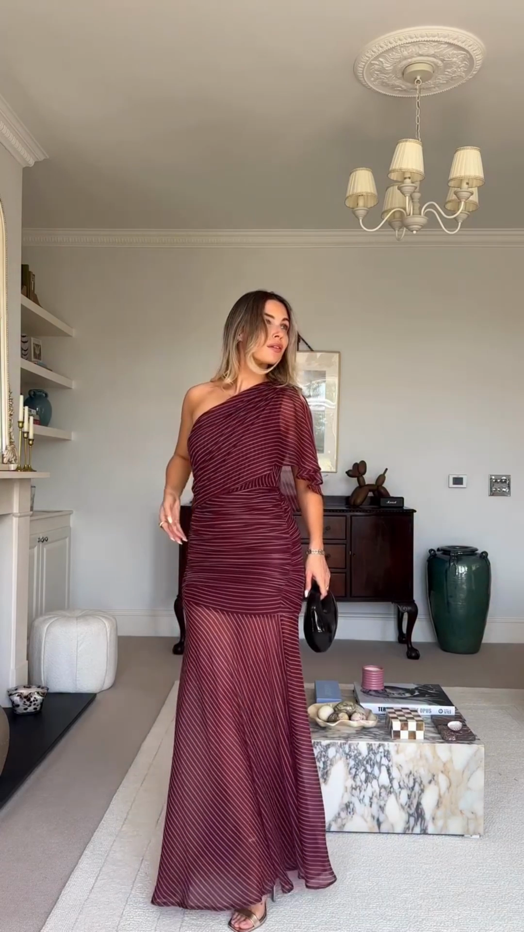 Burgundy Striped One - shoulder Maxi Dress