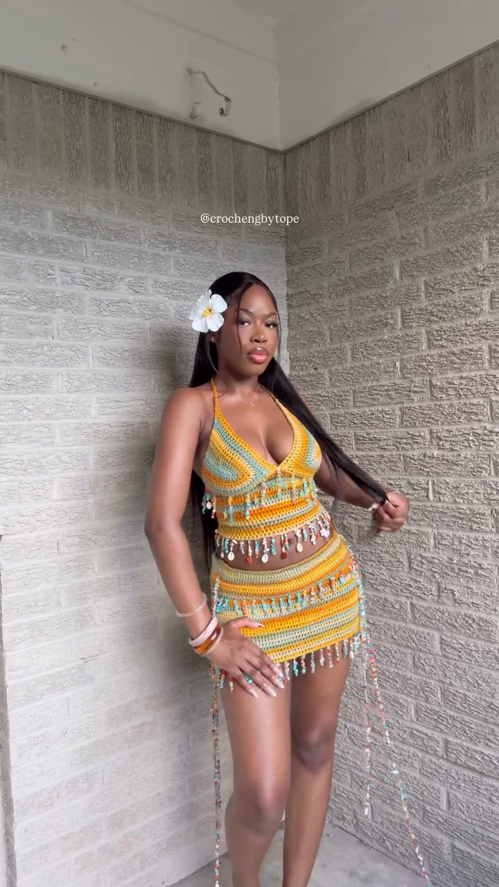 Colorful Crochet Halter Top and Mini Skirt Set