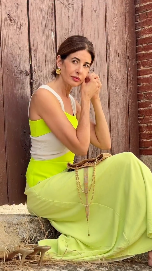 Neon Yellow and White Color - block Maxi Dress