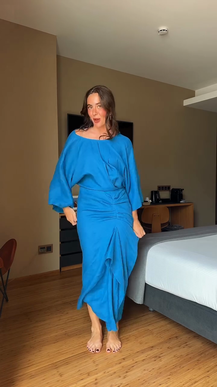 Blue Asymmetric Ruched Dress