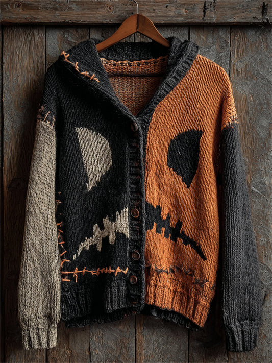 Halloween Spooky Face Contrast Stitched Cozy Knit Hooded Cardigan
