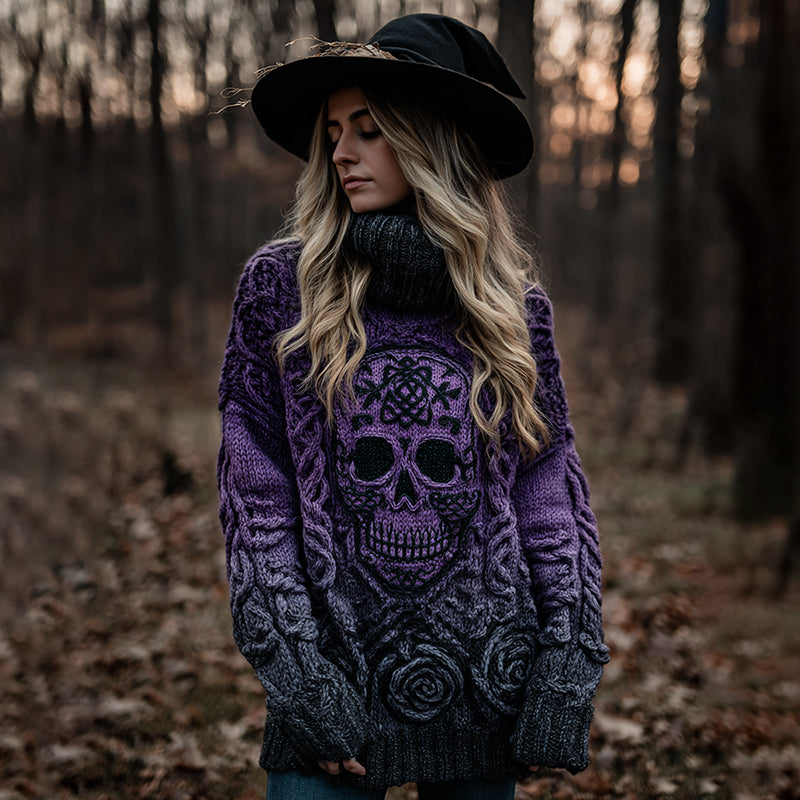 Women's Viking Tribal Jacquard Celtic With Rose And Skull Inspired Chunky Knit Turtleneck Sweater